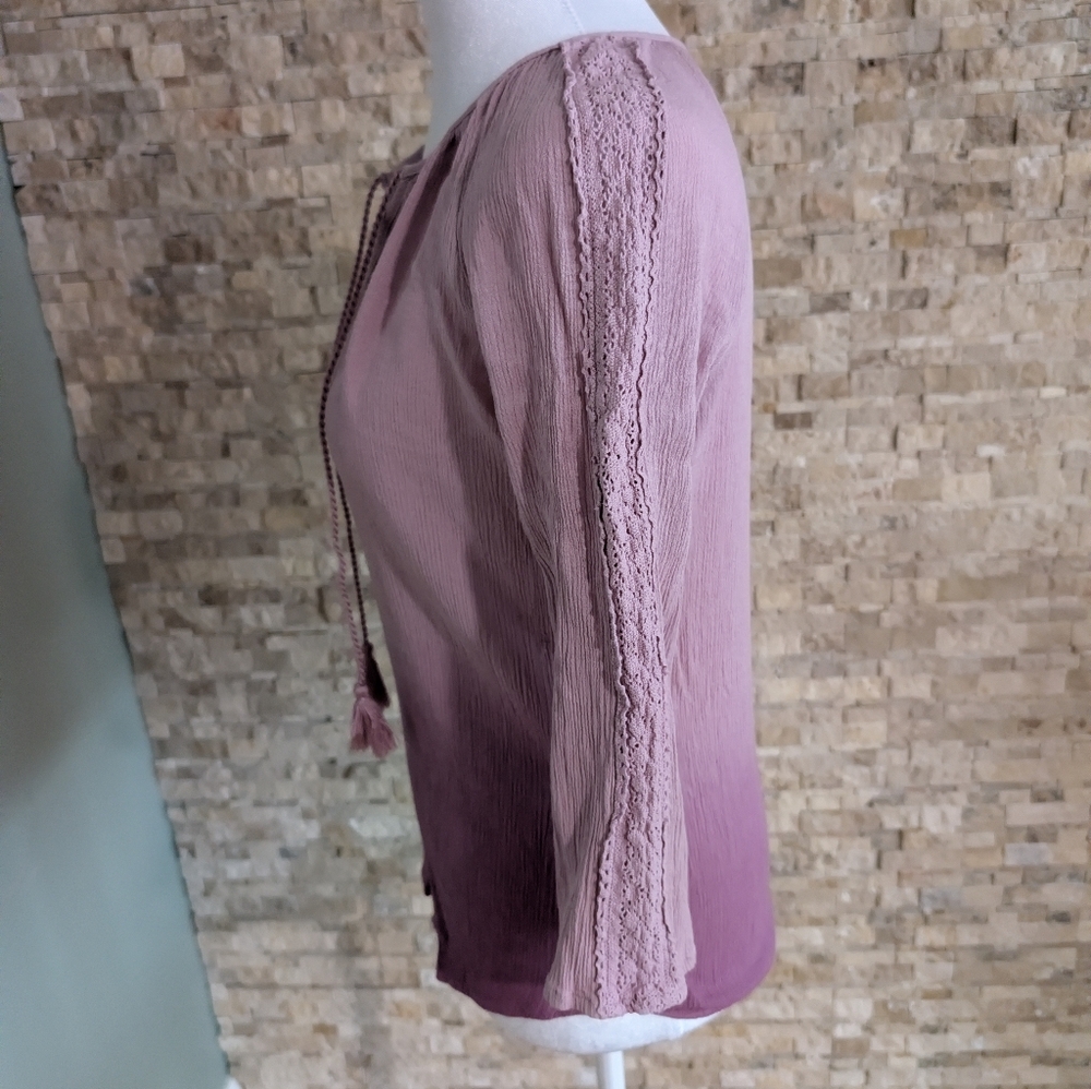 Purple Ombre Tassel Tie Neck Peasant Boho Top Blouse Sz M Festival Summer Spring image 3